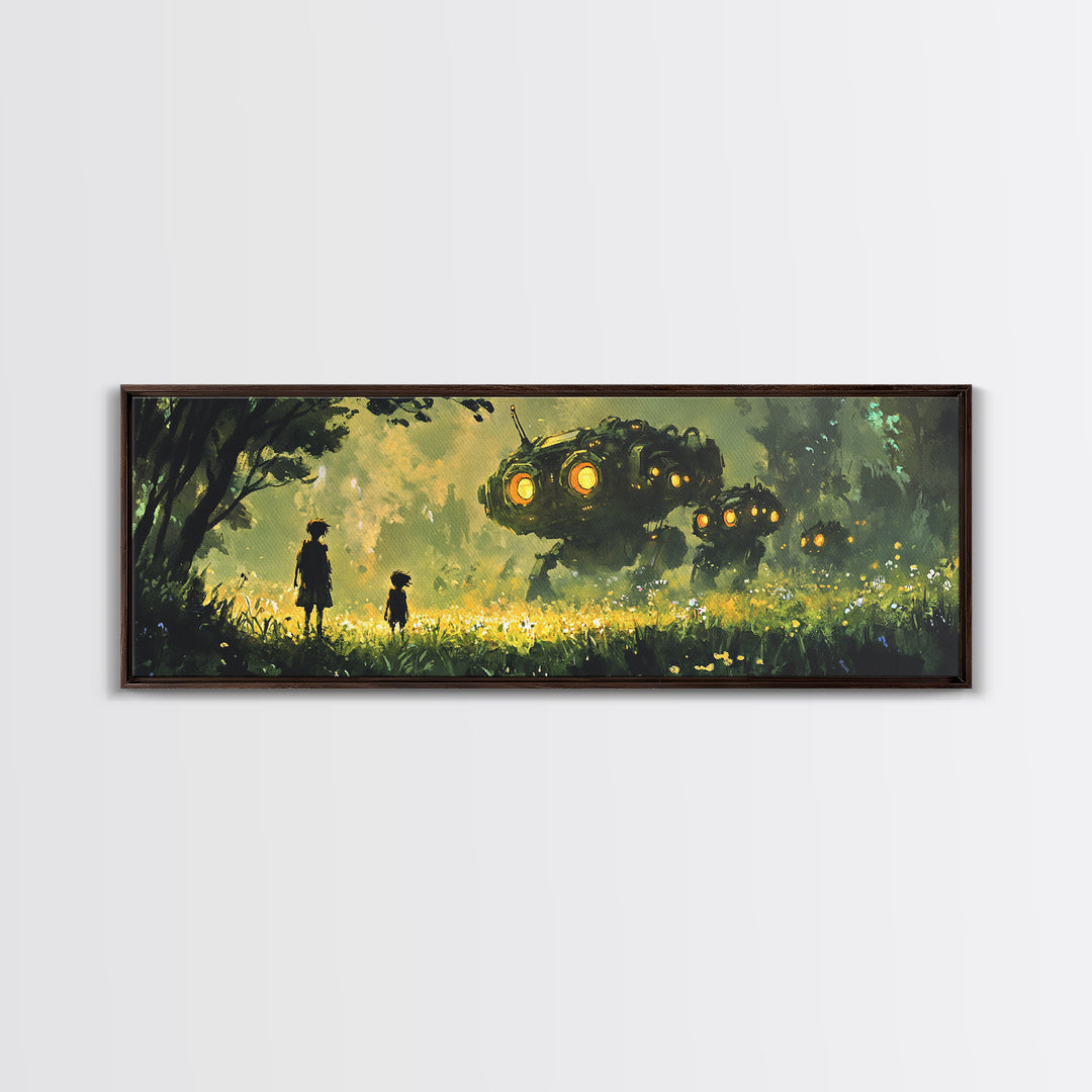 Children In Glowing Meadow Watching Flying Robots Wall Art, Sci Fi Fantasy Canvas Print, Whimsical Futuristic Home Decor