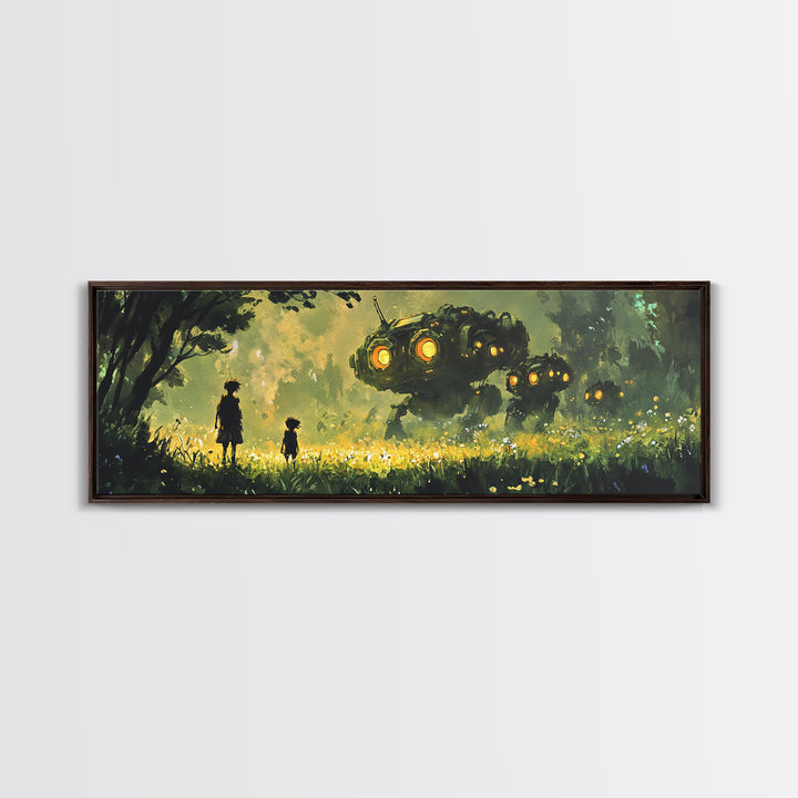 Children In Glowing Meadow Watching Flying Robots Wall Art, Sci Fi Fantasy Canvas Print, Whimsical Futuristic Home Decor