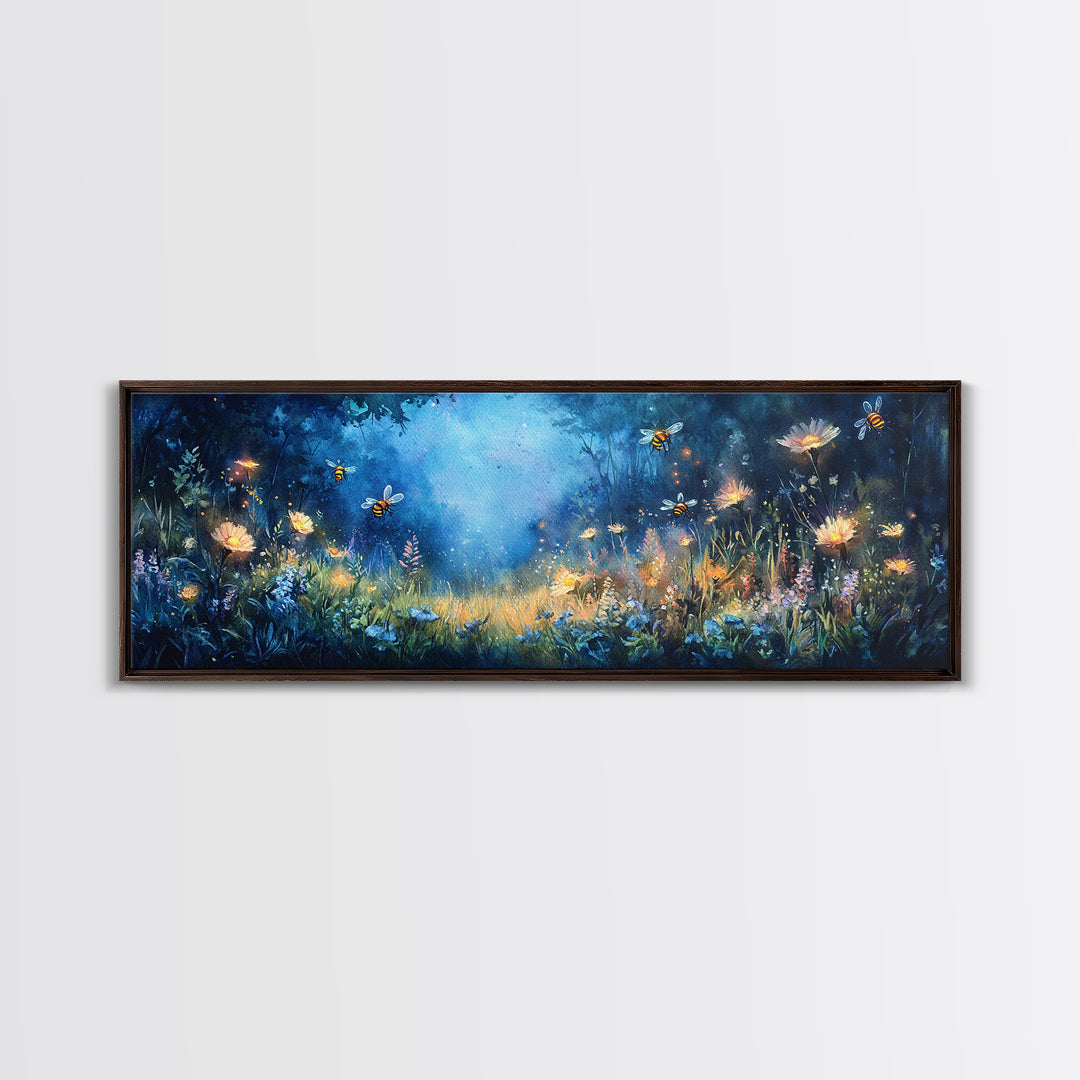 Glowing Firefly Wildflower Night Meadow Canvas Print, Whimsical Wall Art, Moody Botanical Art, Dark Blue Wall Decor, Bedroom Decor