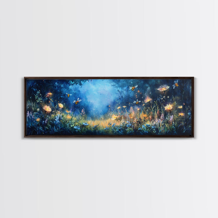 Glowing Firefly Wildflower Night Meadow Canvas Print, Whimsical Wall Art, Moody Botanical Art, Dark Blue Wall Decor, Bedroom Decor