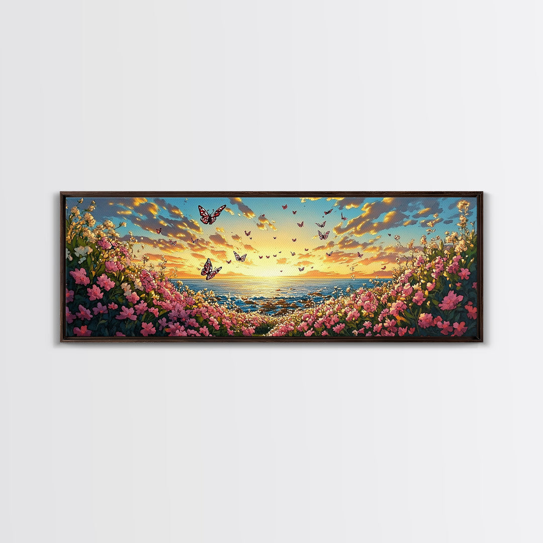 Butterfly Ocean Sunset Pink Flower Canvas Print, Coastal Wall Art, Romantic Bedroom Art, Beach House Decor, Gift For Her