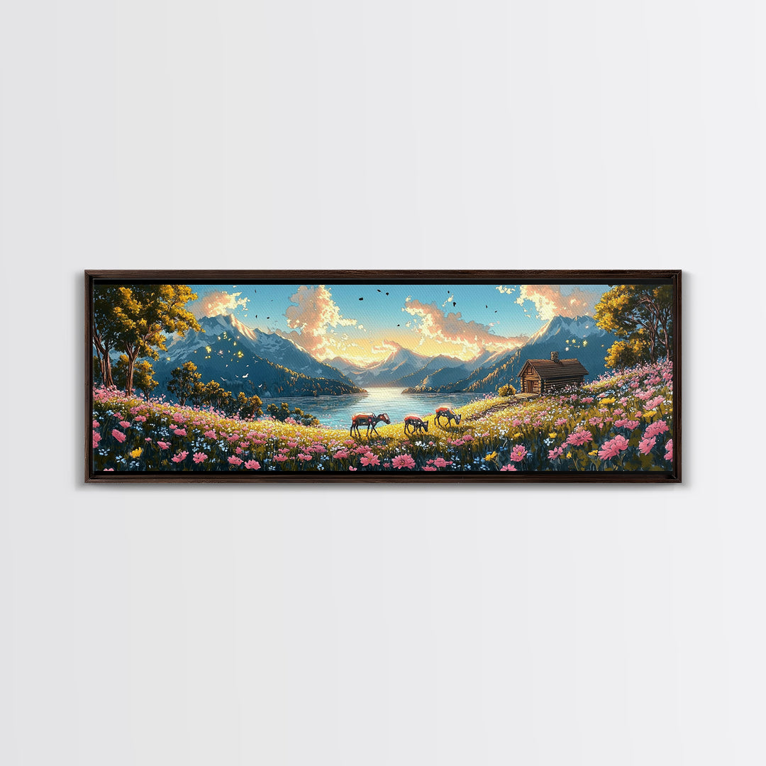 Alpine Lake With Horses And Flower Meadow Wall Art, Mountain Landscape Canvas Print, Rustic Cabin Decor, Living Room Art