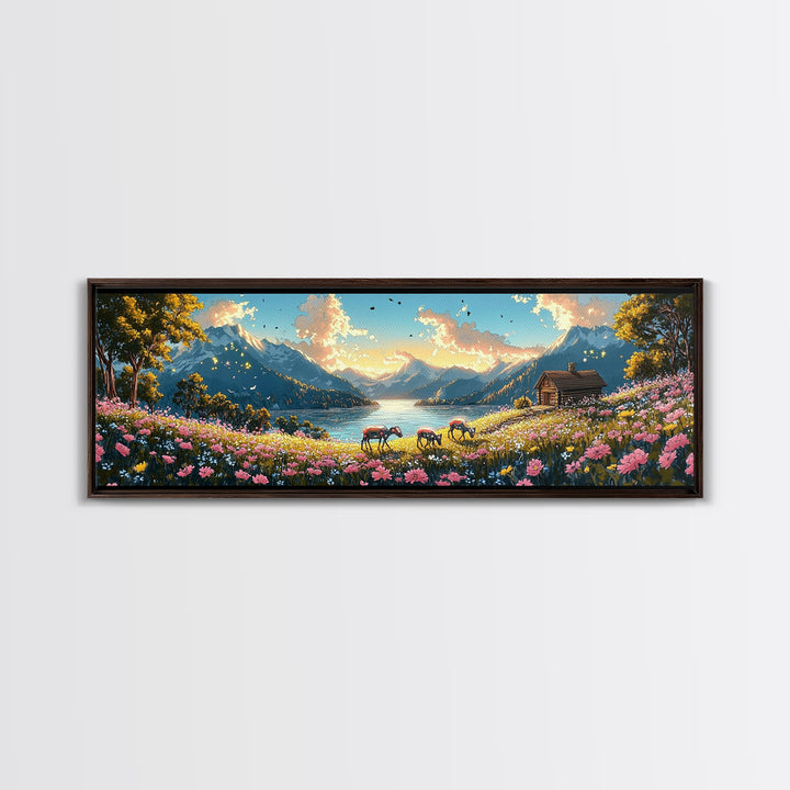 Alpine Lake With Horses And Flower Meadow Wall Art, Mountain Landscape Canvas Print, Rustic Cabin Decor, Living Room Art