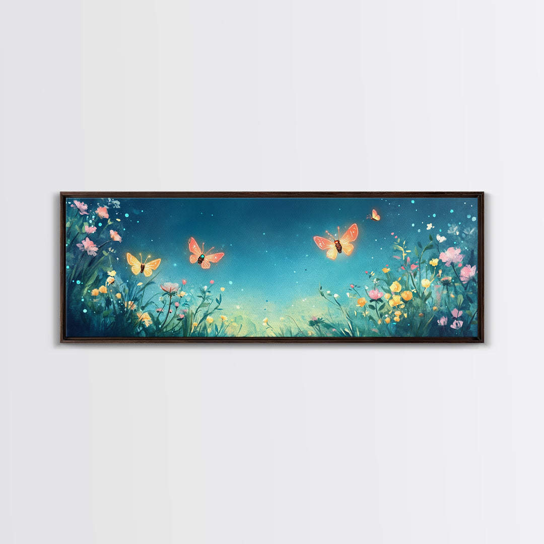Butterflies Over Teal Wildflower Garden Wall Art, Whimsical Floral Canvas Print, Nursery Decor, Bedroom Wall Decor Gift
