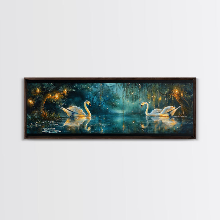 Moonlit Swans On Enchanted Pond Wall Art, Dark Botanical Framed Canvas Print, Romantic Bedroom Decor, Nature Wall Art Gift