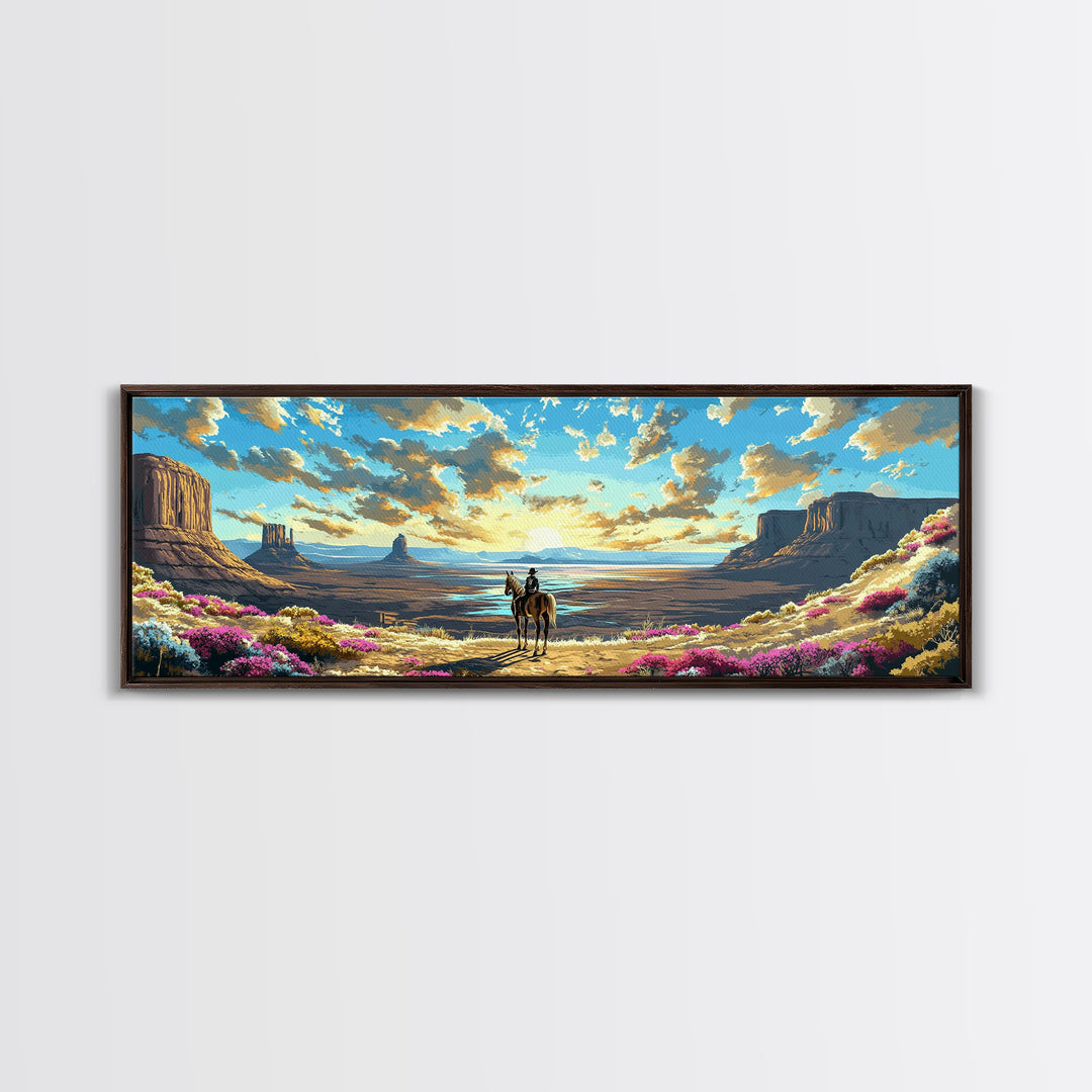 Western Desert Cowboy On Horse Framed Canvas Print, Monument Valley Wall Art, Southwestern Decor, Rustic Landscape Gift For Him