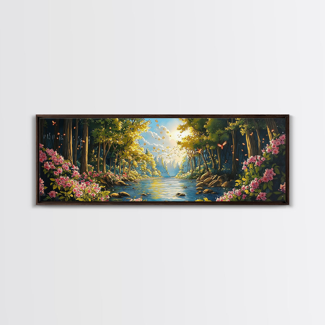 Enchanted Forest River With Flowers Canvas Print, Whimsical Wall Art, Nature Landscape Home Decor, Butterfly Gift For Her