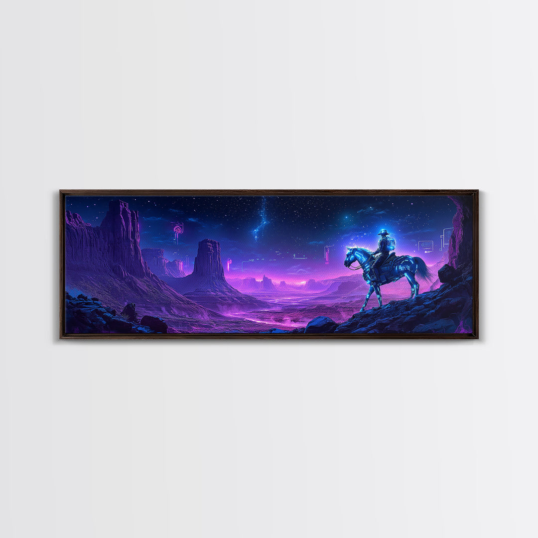 Neon Cyberpunk Cowboy In Desert Framed Canvas Print, Sci Fi Wall Art, Futuristic Western Decor, Gaming Room Gift For Him