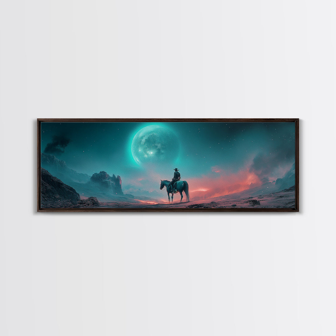 Moonlit Lone Rider In Teal Desert Wall Art, Fantasy Western Landscape Print, Moody Celestial Decor, Horse Lover Gift For Him