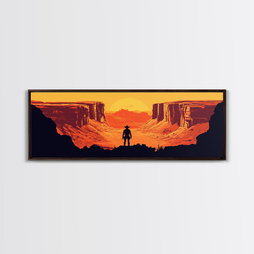 Cowboy Silhouette In Orange Desert Canyon Canvas Print, Retro Western Landscape, Southwestern Wall Decor, Man Cave Art Gift