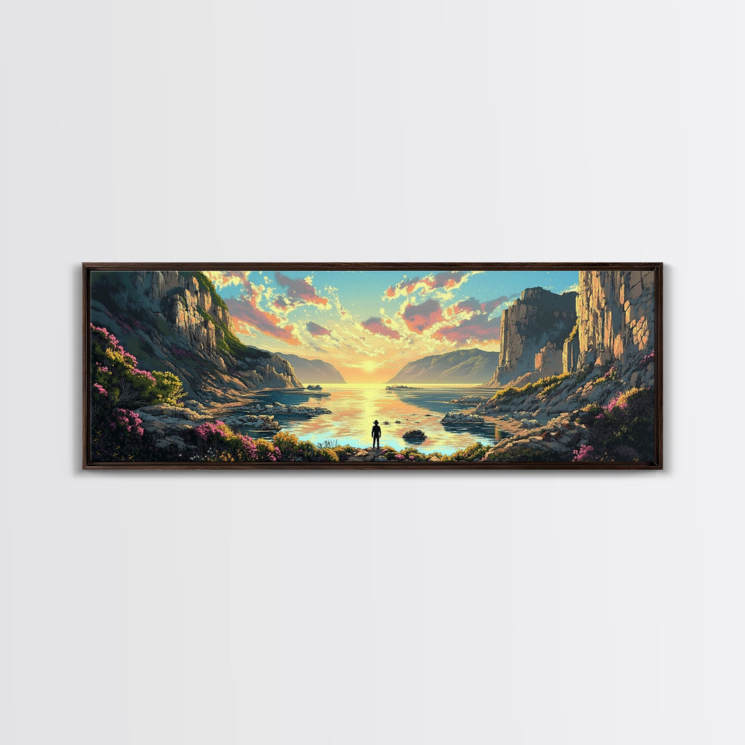 Lone Traveler At Golden Coastal Cliffs Framed Canvas Print, Serene Ocean Landscape, Panoramic Wall Decor For Living Room