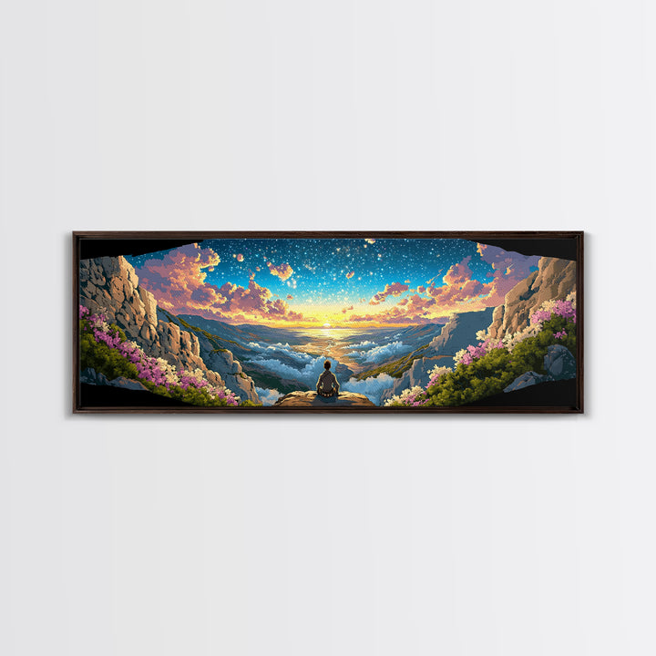 Meditating Figure Over Sunrise Mountain Valley Wall Art, Panoramic Fantasy Landscape Canvas Print For Living Room Decor Gift