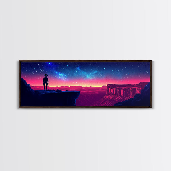 Antlered Traveler On Neon Desert Canyon Wall Art, Starry Night Western Fantasy Canvas Print For Game Room Decor, Housewarming Gift