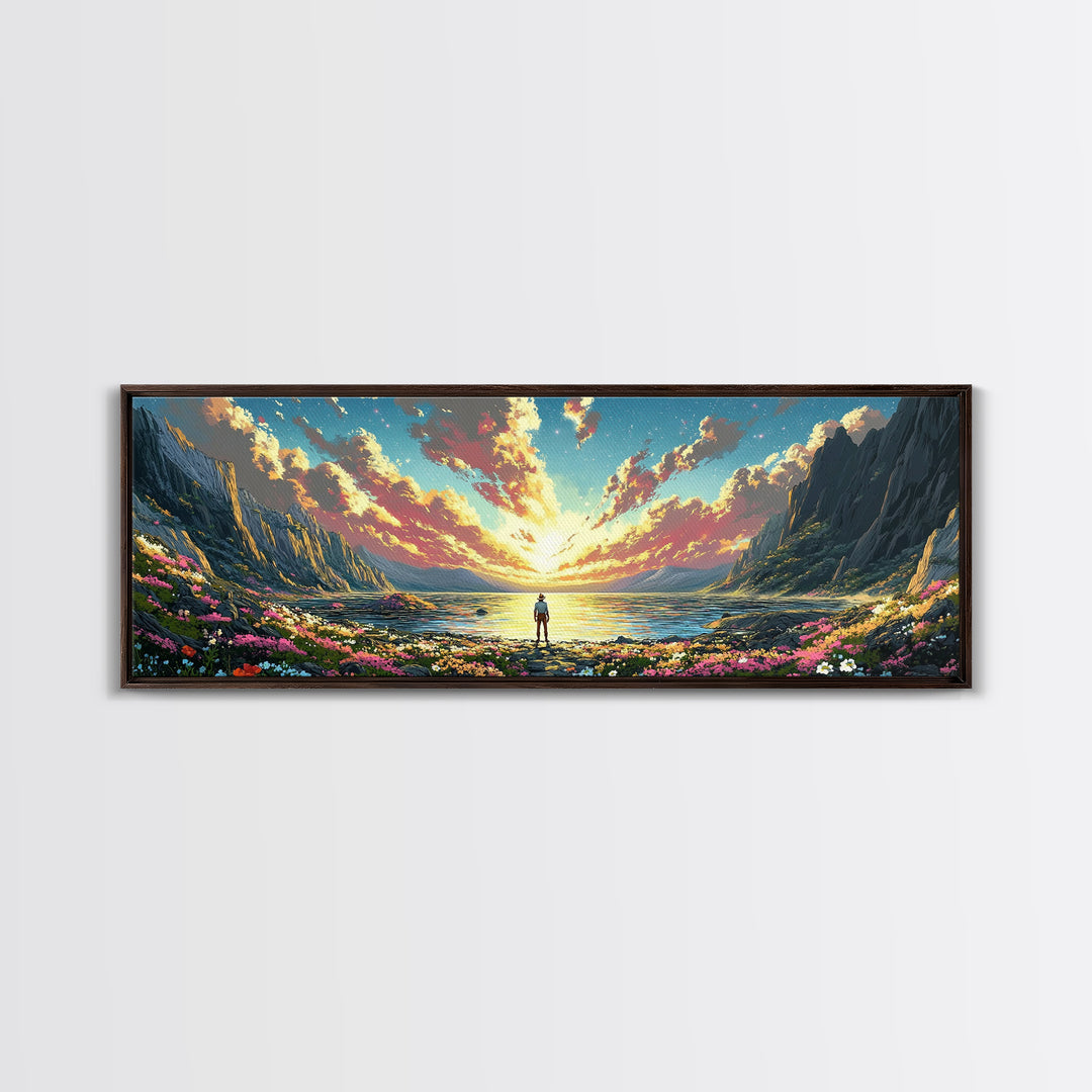 Lone Figure Beside Flowered Alpine Lake Wall Art, Panoramic Mountain Landscape Canvas Print For Bedroom Wall Decor Housewarming Gift