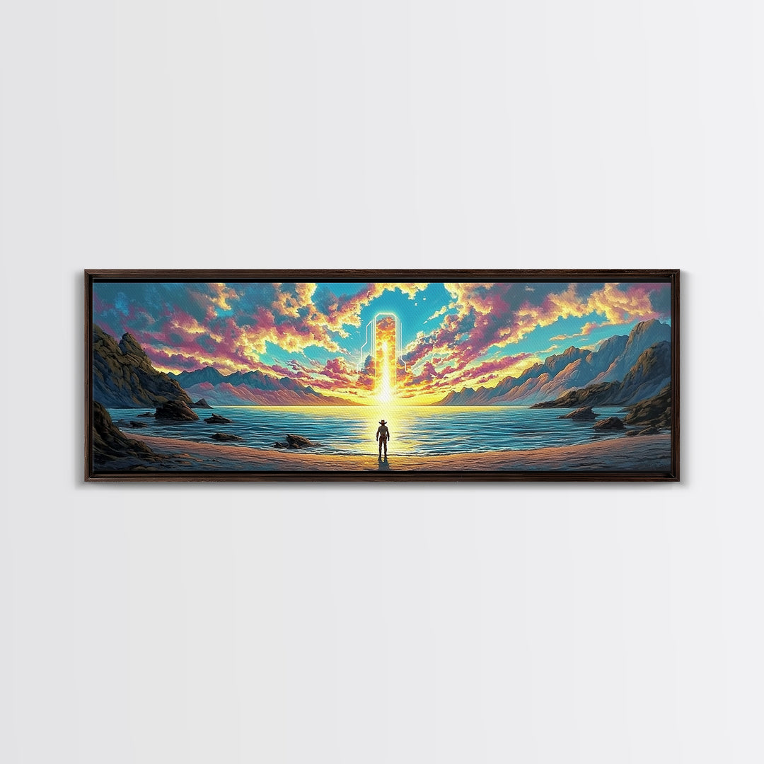 Glowing Portal Over Sunrise Ocean Shore Wall Art, Surreal Mountain Landscape Framed Canvas Print For Modern Living Room Decor