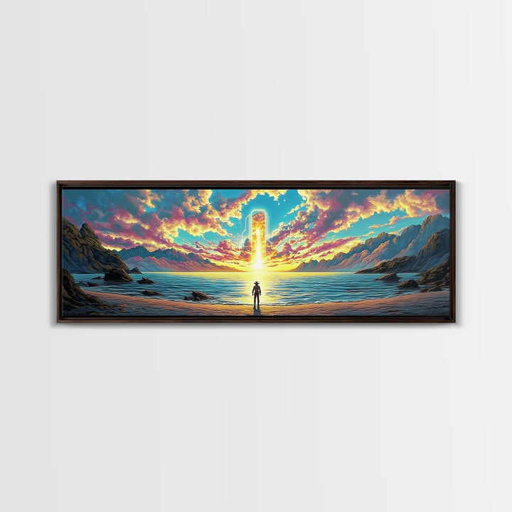 Glowing Portal Over Sunrise Ocean Shore Wall Art, Surreal Mountain Landscape Framed Canvas Print For Modern Living Room Decor