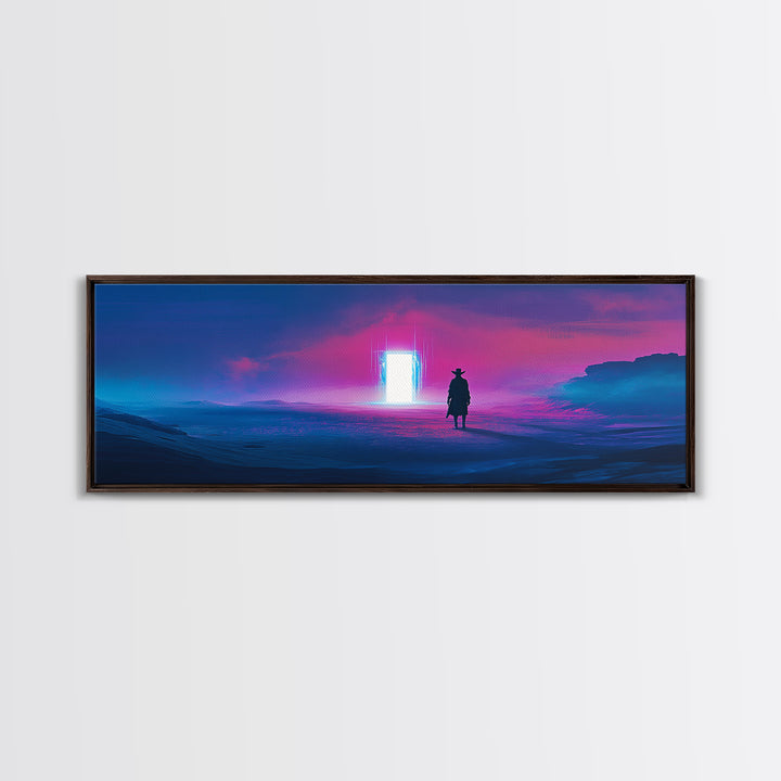 Cowboy Silhouette Facing Neon Ocean Portal Wall Art, Cyberpunk Western Landscape Canvas Print For Man Cave Wall Decor Gift