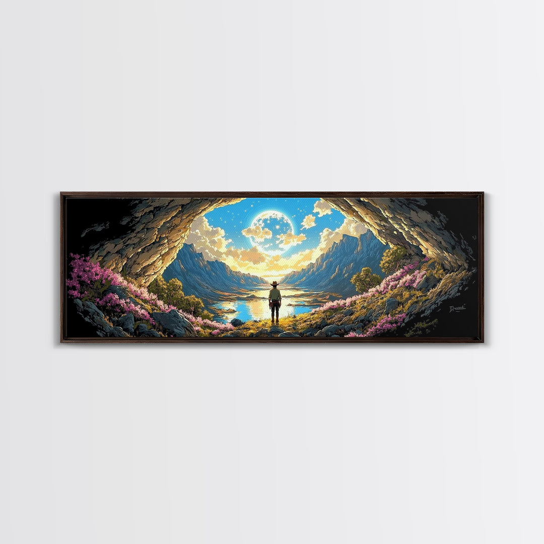 Adventurer In Moonlit Cave Opening Wall Art, Panoramic Alpine Lake Landscape Canvas Print For Fantasy Bedroom Decor Gift