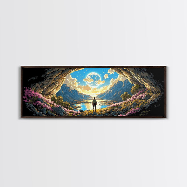 Adventurer In Moonlit Cave Opening Wall Art, Panoramic Alpine Lake Landscape Canvas Print For Fantasy Bedroom Decor Gift