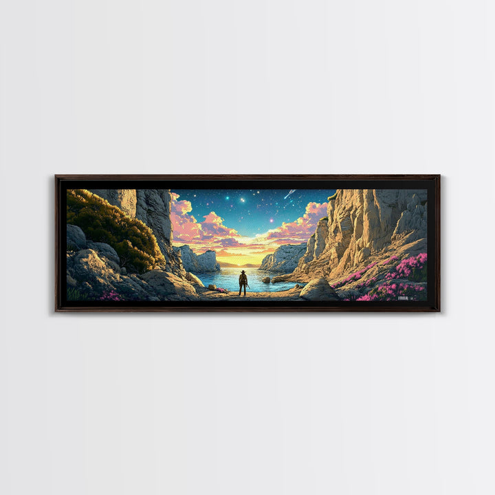 Explorer At Rocky Starlit Sea Cove Large Wall Art, Panoramic Coastal Landscape Canvas Print For Living Room Wall Decor Gift