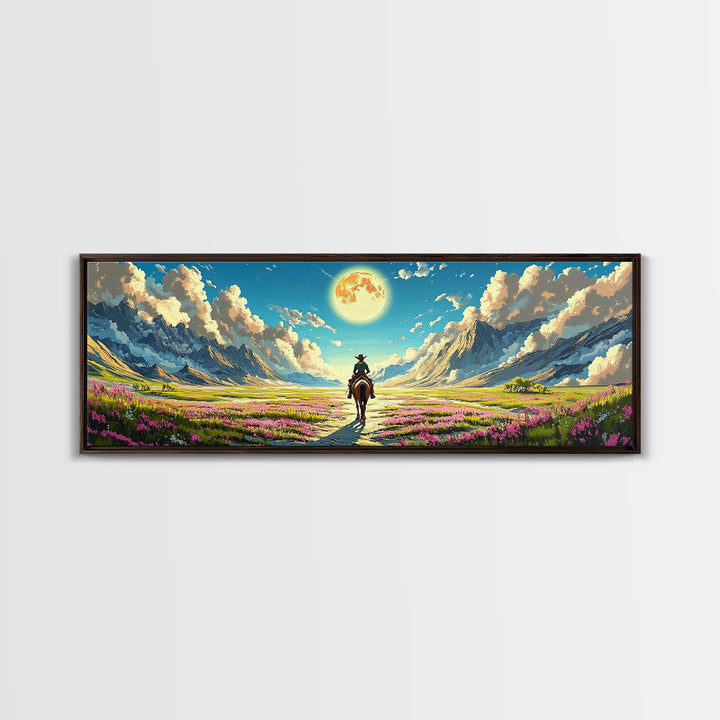 Cowboy Riding Through Moonlit Flower Valley Wall Art, Western Mountain Landscape Framed Canvas Print For Rustic Home Decor Gift