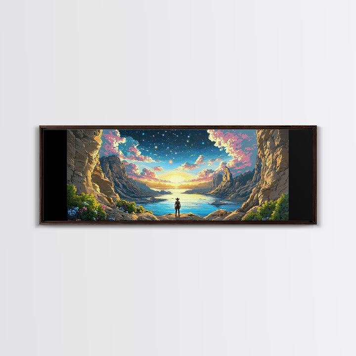 Starry Canyon Lake Cowboy Wall Art, Western Landscape Canvas Print, Sci Fi Desert Decor, Panoramic Living Room Art, Home Decor