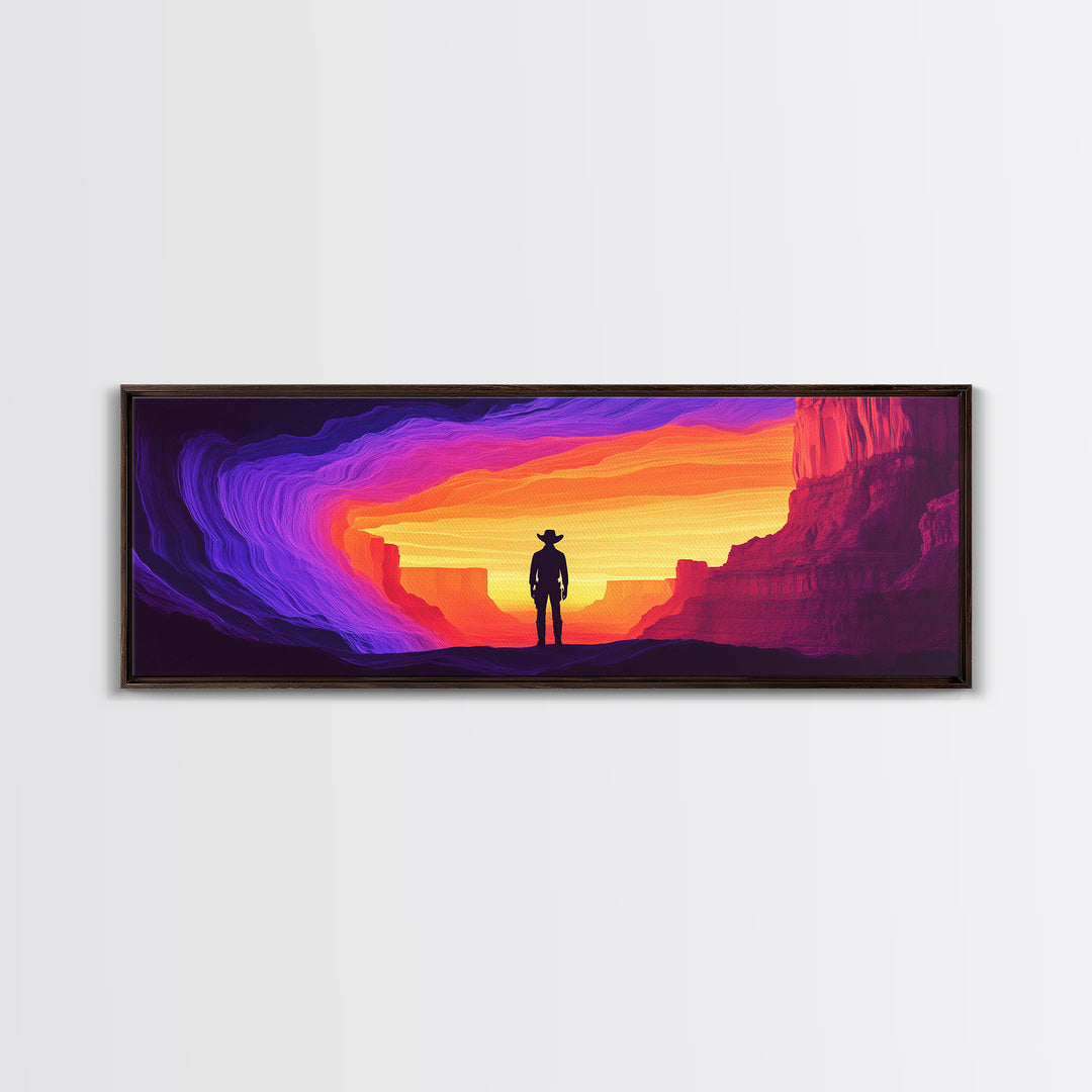 Neon Sunset Cowboy Canyon Wall Art, Western Desert Canvas Print, Vibrant Southwestern Decor, Panoramic Man Cave Art, Home Decor