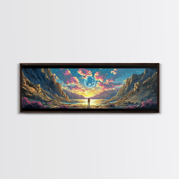 Alien Moon Mountain Valley Wall Art, Fantasy Landscape Canvas Print, Celestial Sci Fi Decor, Panoramic Living Room Art, Home Decor