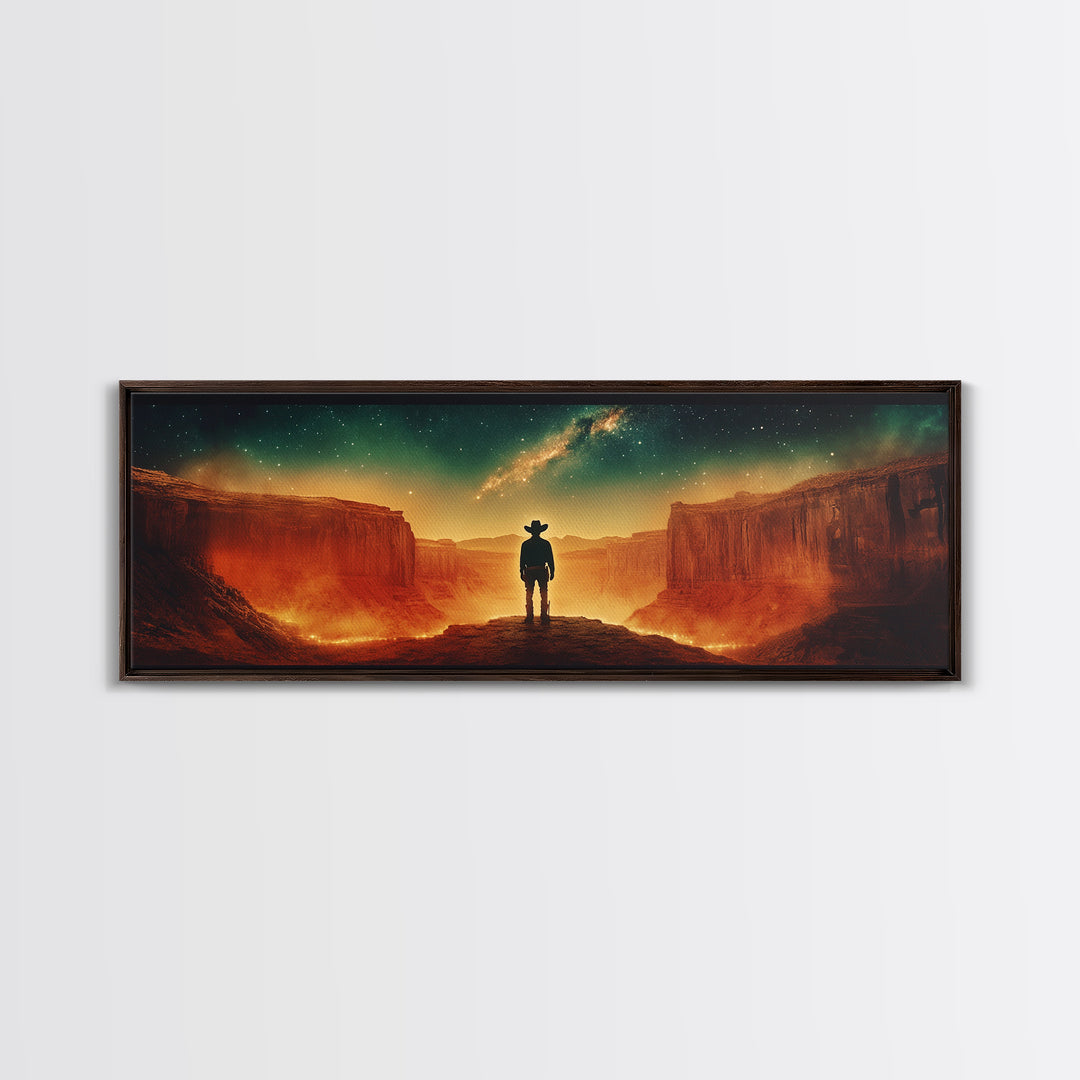 Milky Way Canyon Cowboy Wall Art, Western Desert Canvas Print, Sci Fi Night Sky Decor, Panoramic Office Decor Living Room Art