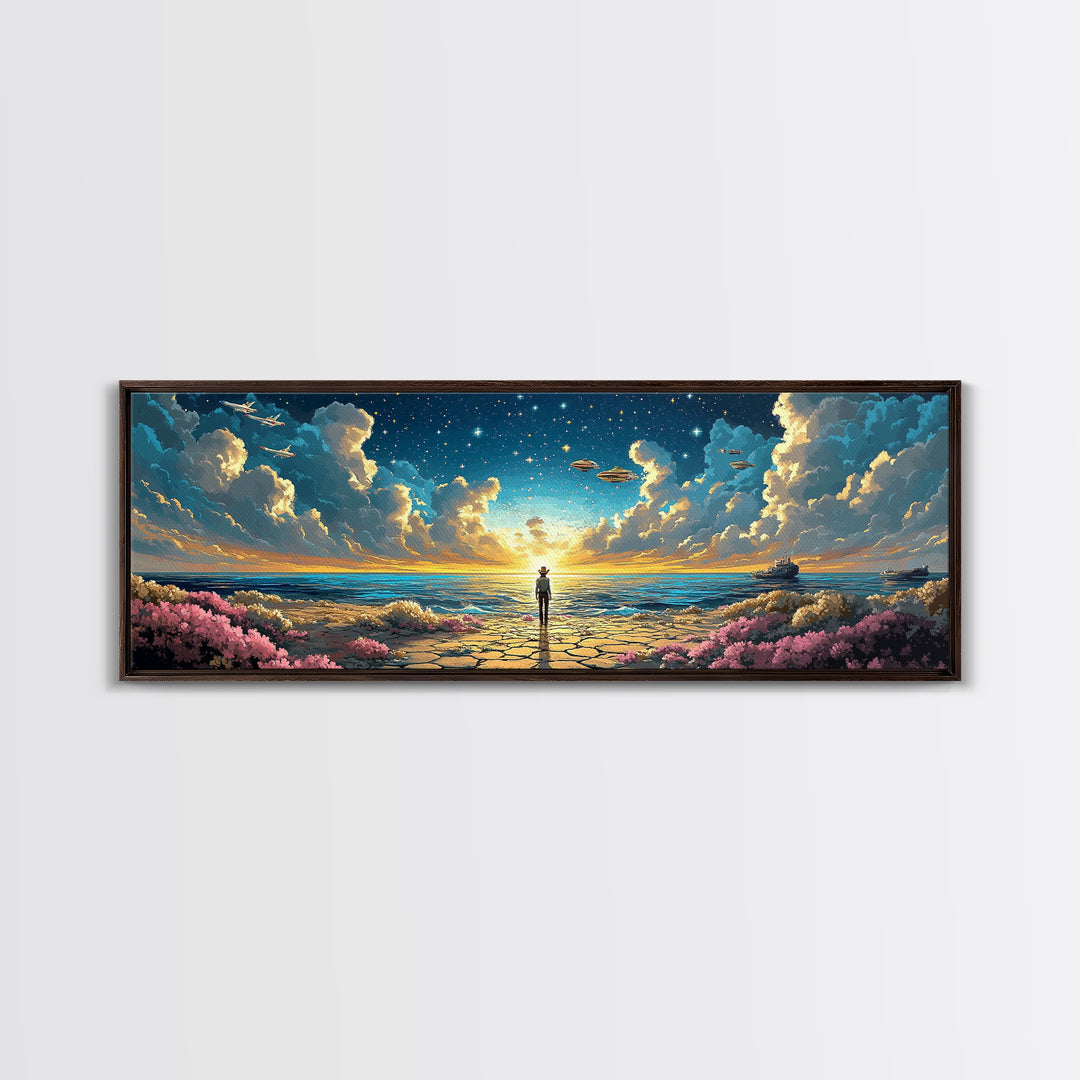 Ufo Seaside Sunrise Cowboy Wall Art, Coastal Sci Fi Canvas Print, Starry Ocean Decor, Panoramic Fantasy Living Room Art, Home Decor