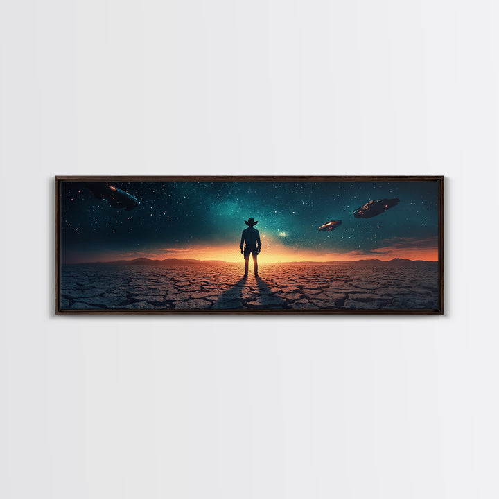 Ufo Desert Wanderer Cowboy Wall Art, Sci Fi Western Canvas Print, Alien Landscape Decor, Panoramic Man Cave Office Art, Home Decor