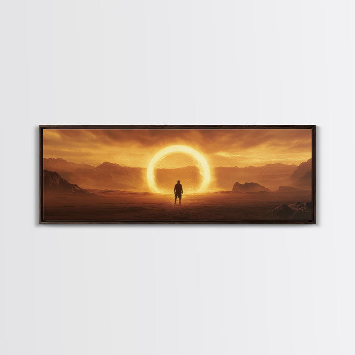 Golden Eclipse Cowboy Desert Wall Art, Western Sci Fi Canvas Print, Surreal Landscape Decor, Panoramic Living Room Art, Home Decor