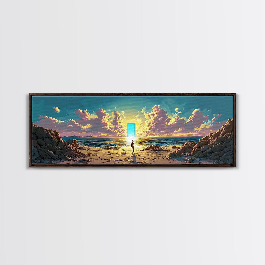 Glowing Doorway On Rocky Beach Wall Art, Surreal Ocean Sunset Canvas, Coastal Fantasy Decor, Mystical Living Room Art Print