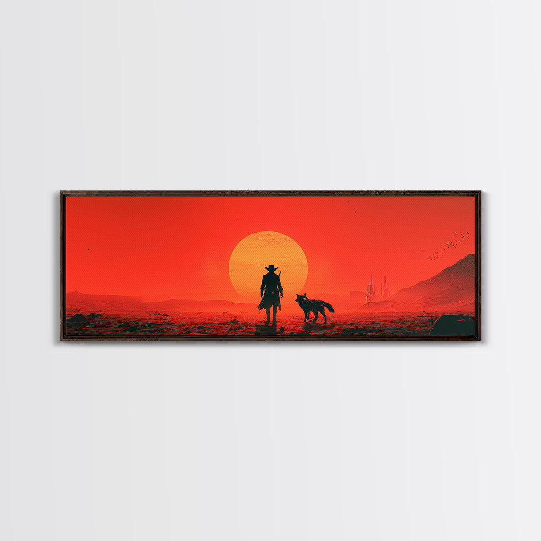 Red Sci Fi Cowboy And Dog Sunset Wall Art, Western Desert Landscape, Futuristic Dystopian Decor, Large Man Cave Gift Print