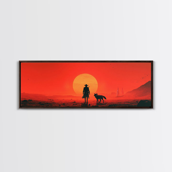 Red Sci Fi Cowboy And Dog Sunset Wall Art, Western Desert Landscape, Futuristic Dystopian Decor, Large Man Cave Gift Print
