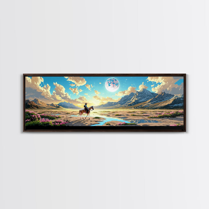 Lone Horse Rider Under Moon Canvas Print, Mountain Landscape Art, Western Wall Decor, Large Living Room Home Decor Gift Print