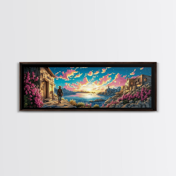 Cowboy Walking Through Coastal Village Wall Art, Mediterranean Seascape Print, Colorful Travel Poster, Living Room Decor