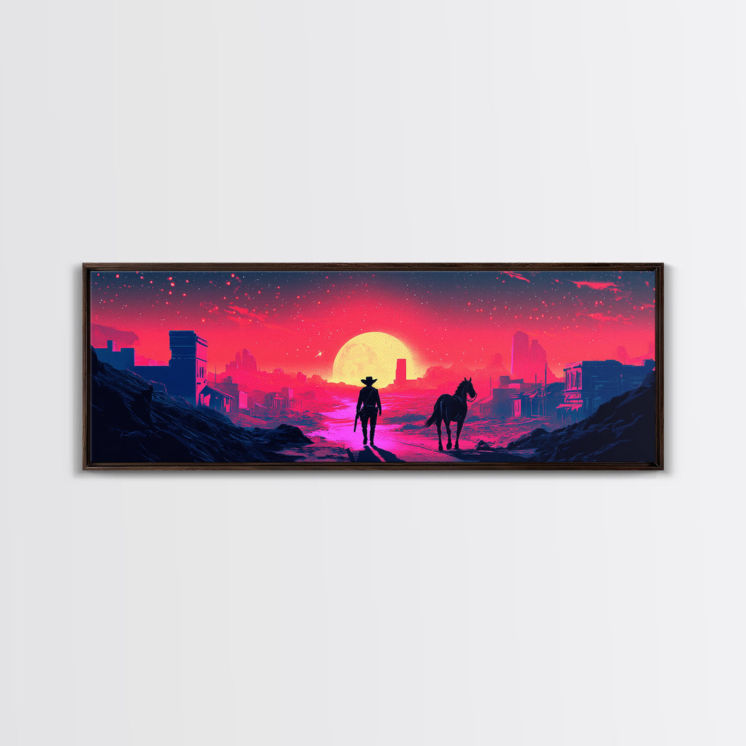 Neon Cowboy And Horse Dystopian City Wall Art, Cyberpunk Sunset Landscape, Sci Fi Poster, Large Gaming Room Decor Gift Print