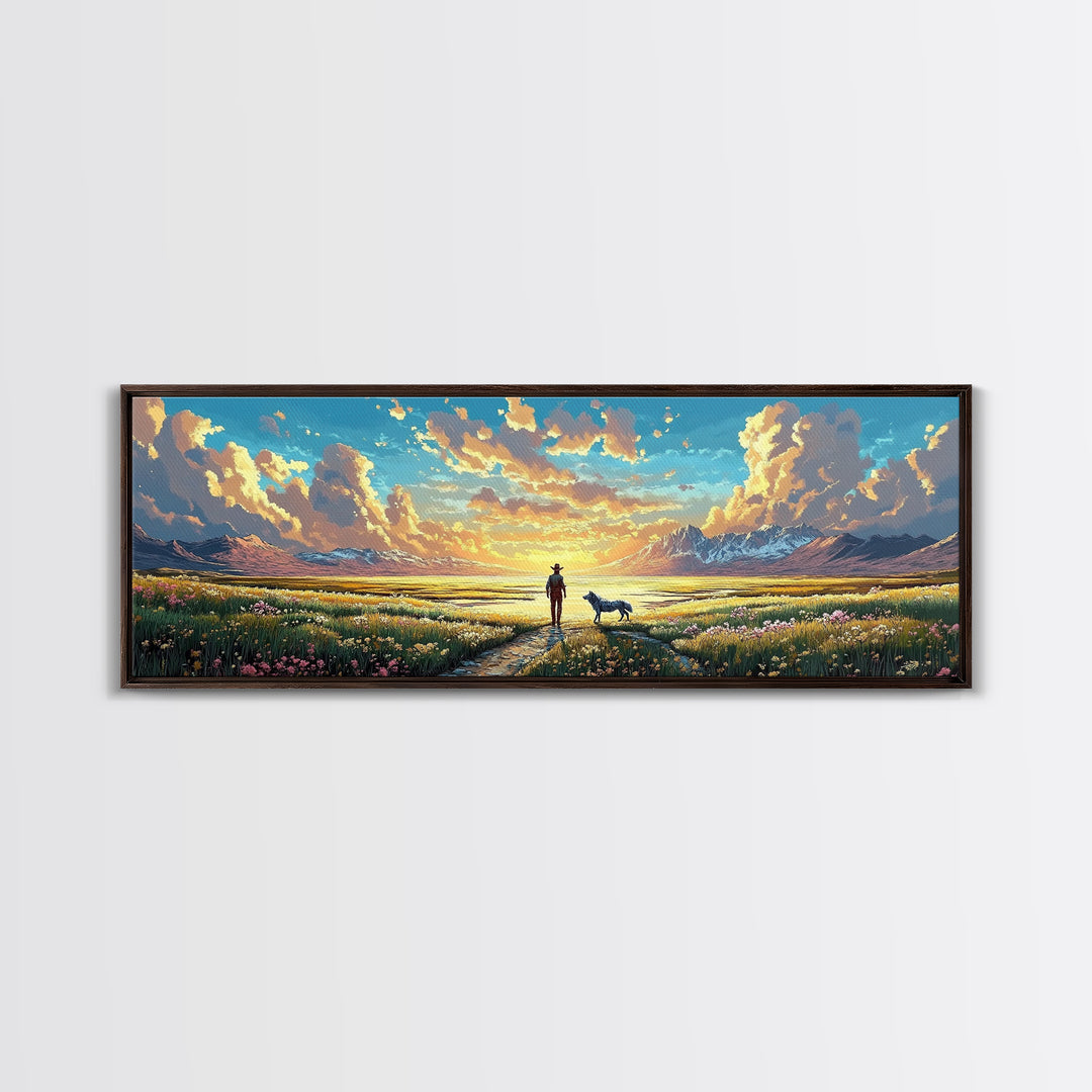 Lone Cowboy And Dog Wildflower Prairie Canvas Print, Mountain Landscape Wall Art, Western Home Decor, Housewarming Gift Print