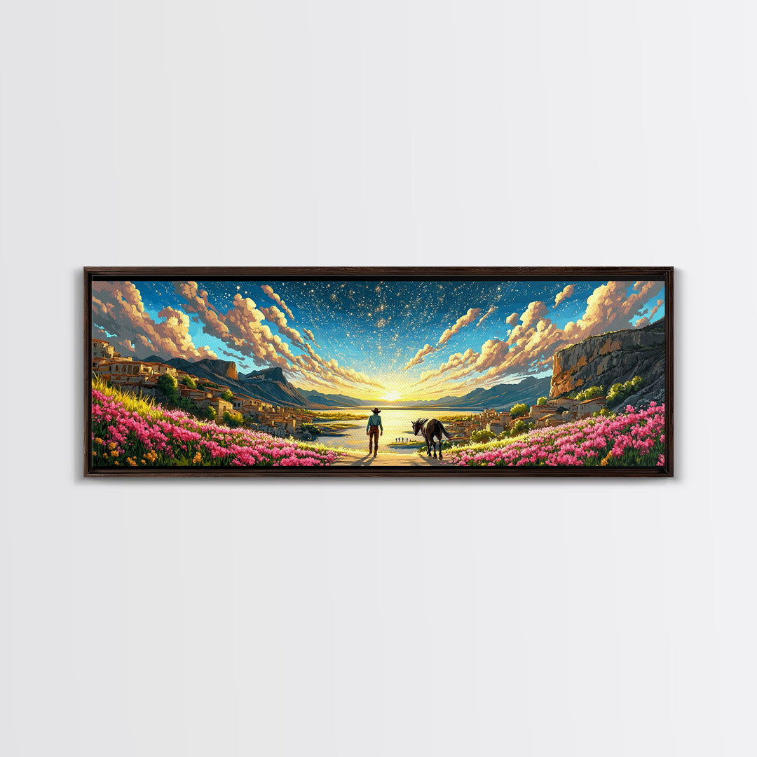 Starry Coastal Valley Rider Wall Art, Horse And Wildflower Landscape, Mediterranean Travel Poster, Large Living Room Decor