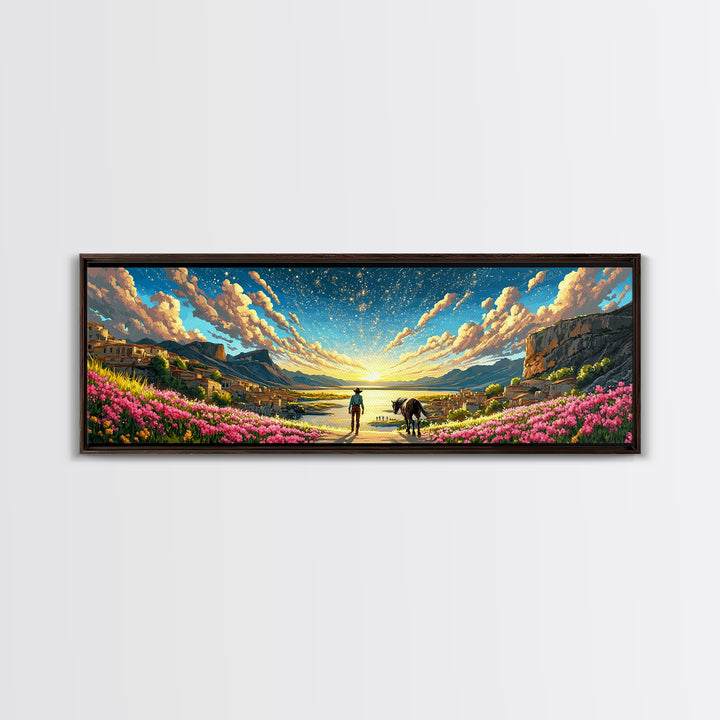 Starry Coastal Valley Rider Wall Art, Horse And Wildflower Landscape, Mediterranean Travel Poster, Large Living Room Decor
