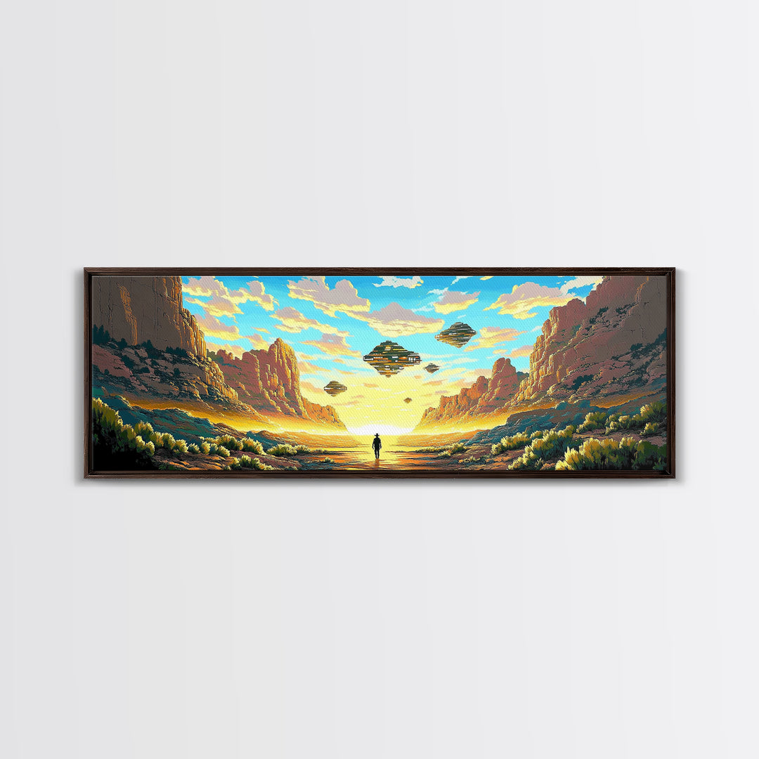 Alien Canyon Explorer With UFOs Canvas Print, Panoramic Sci Fi Desert Landscape Wall Art For Gaming Room Decor And Office Decor