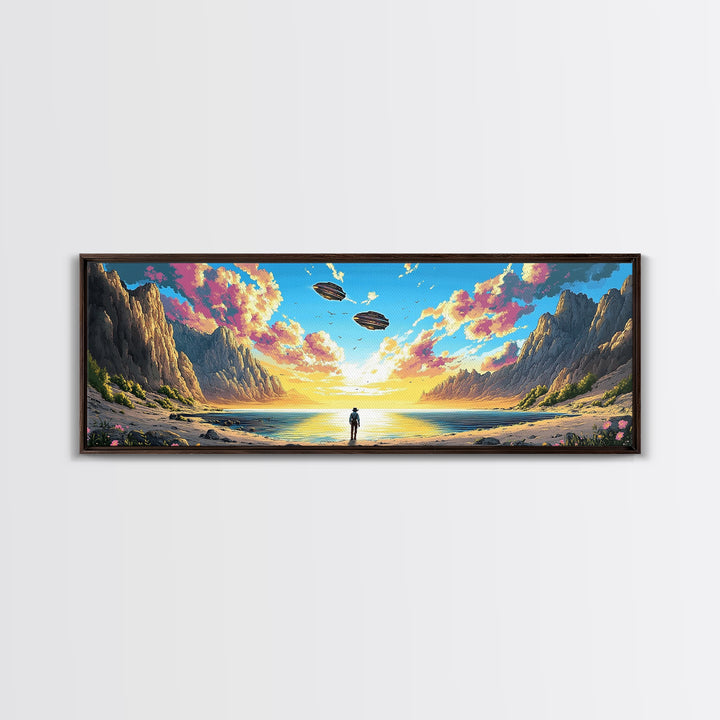 Pastel Alien Coast With UFOs Framed Canvas Print, Panoramic Sci Fi Ocean Landscape Wall Art For Beach House Decor And Living Room Decor