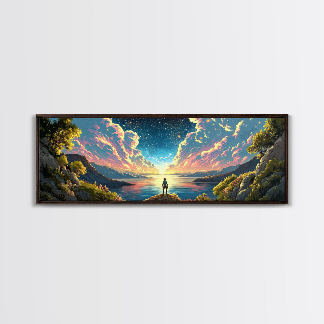 Starlit Lake Explorer Under Pink Clouds Canvas Print, Panoramic Celestial Landscape Wall Art For Dreamy Bedroom Decor And Office Decor