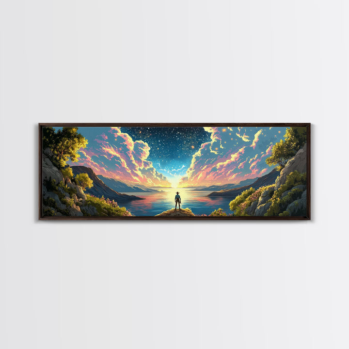Starlit Lake Explorer Under Pink Clouds Canvas Print, Panoramic Celestial Landscape Wall Art For Dreamy Bedroom Decor And Office Decor