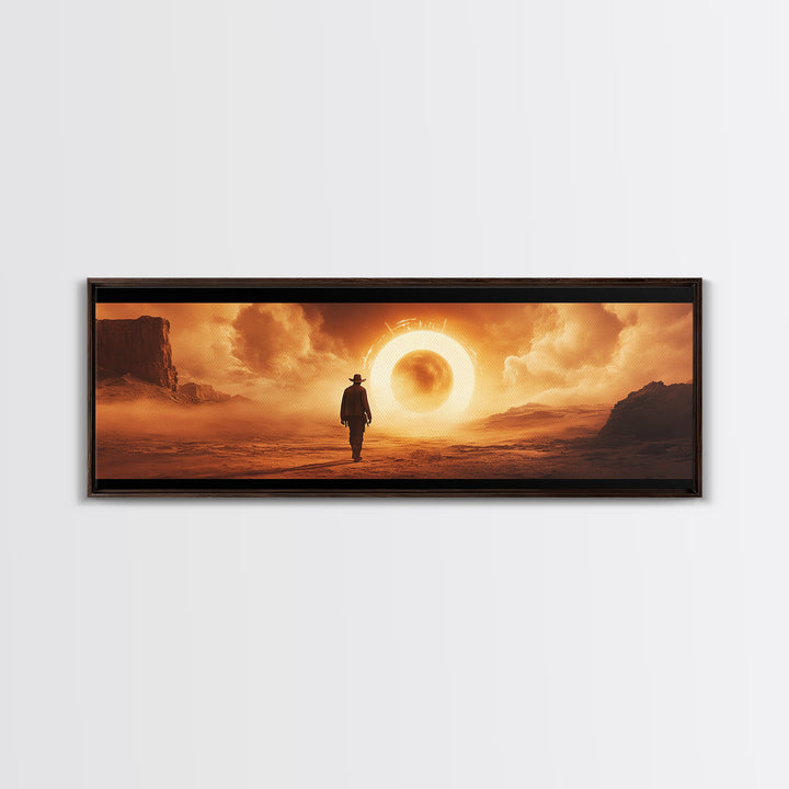 Surreal Desert Eclipse Cowboy Framed Canvas Print, Cinematic Western Landscape Wall Art For Man Cave Decor And Office Decor