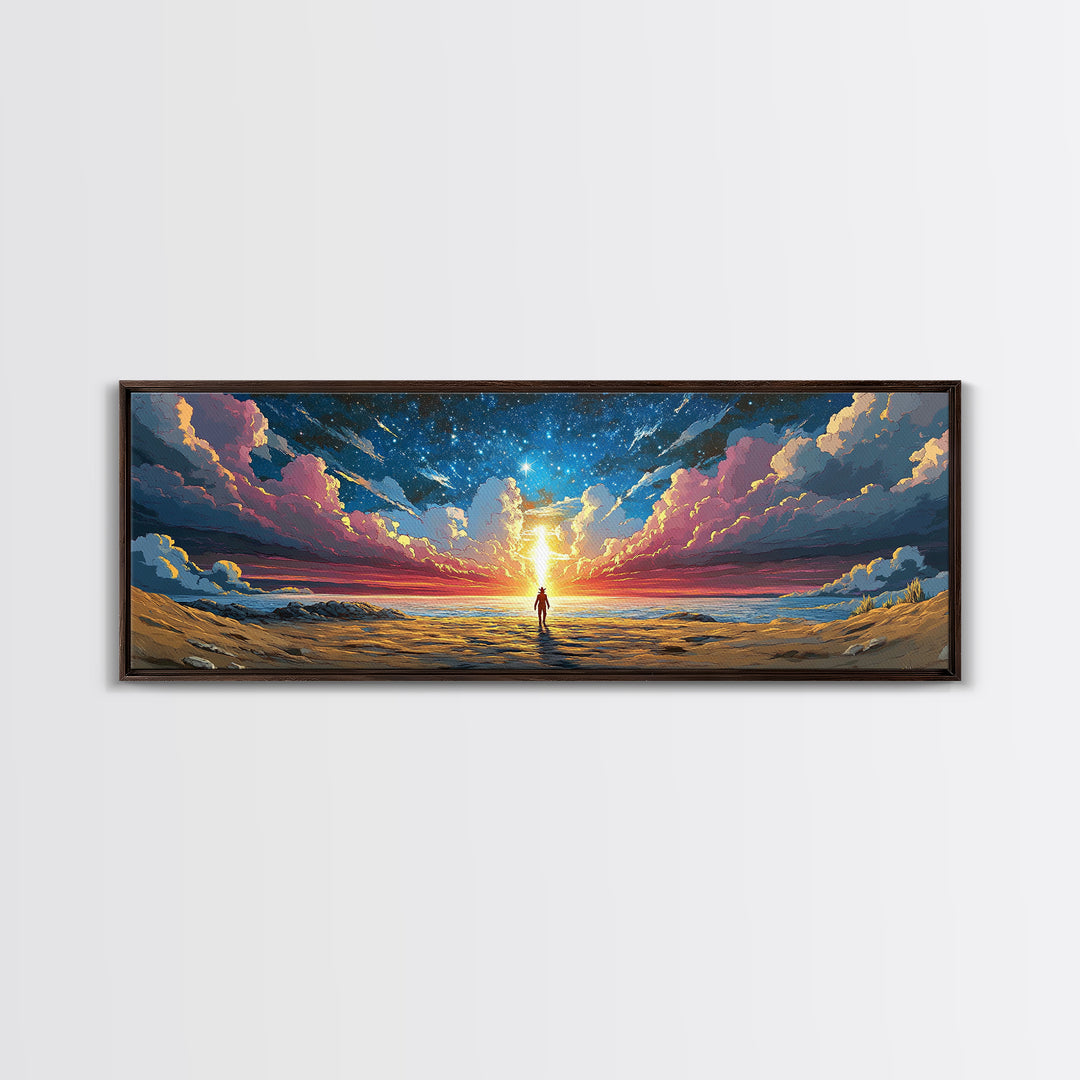 Cosmic Beach Explorer Beneath Starry Sky Canvas Print, Panoramic Sci Fi Seascape Wall Art For Space Lover Decor And Bedroom Decor