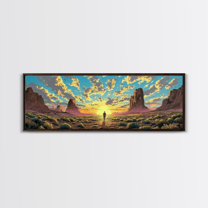 Monument Valley Cowboy At Sunrise Canvas Print, Panoramic Southwestern Desert Landscape Wall Art For Rustic Home Decor And Office Decor