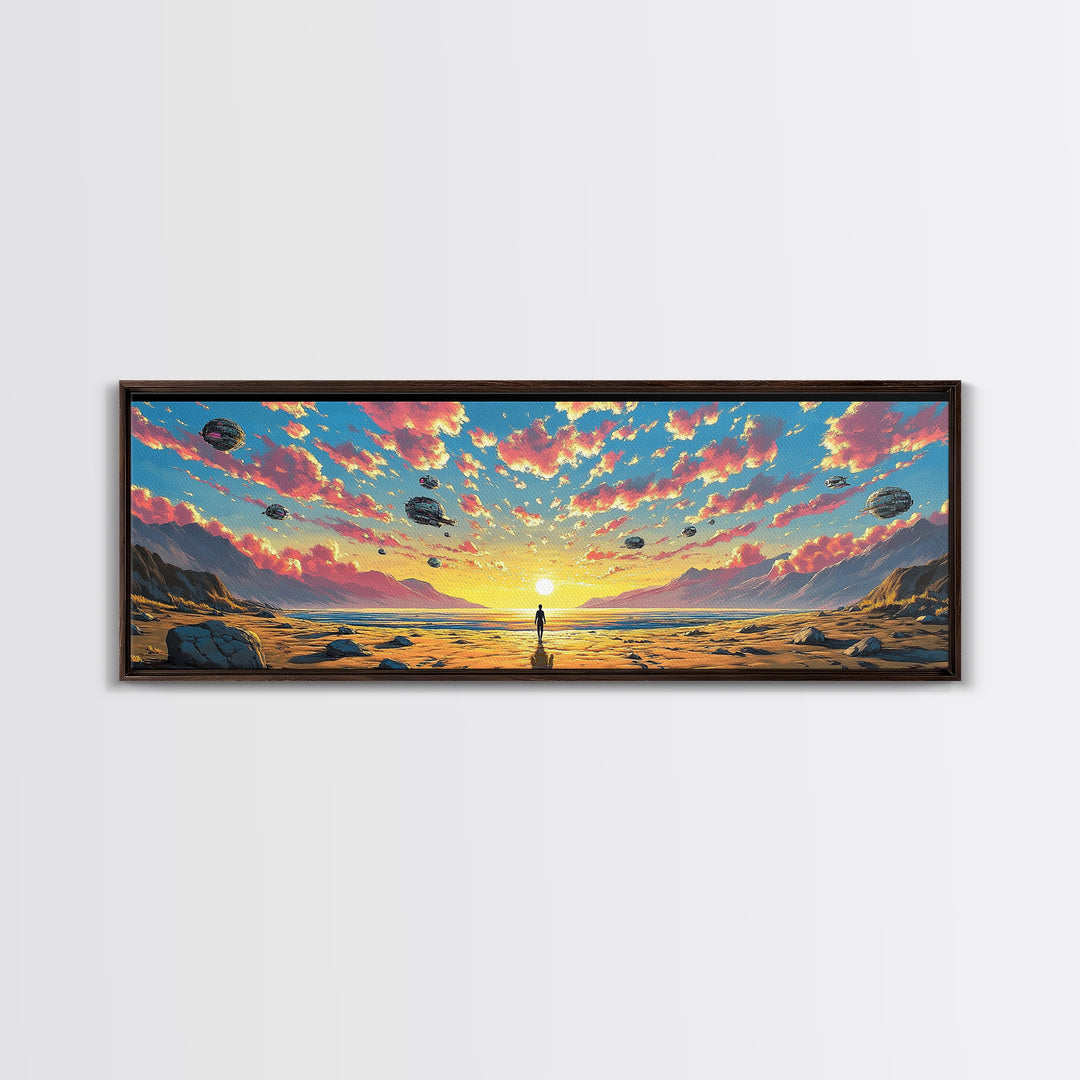 Pastel Alien Ships Over Sunset Shore, Lone Figure At Ocean Horizon, Sci Fi Wall Art, Coastal Canvas Print, Futuristic Decor