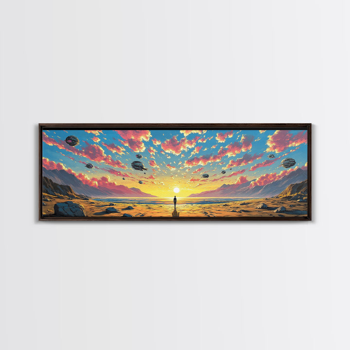 Pastel Alien Ships Over Sunset Shore, Lone Figure At Ocean Horizon, Sci Fi Wall Art, Coastal Canvas Print, Futuristic Decor